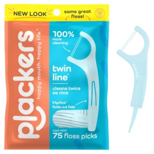 This image shows Plackers Twin-Line dental floss picks, offering a dual action flossing system for effectively removing food and plaque to promote clean teeth and healthy gums.