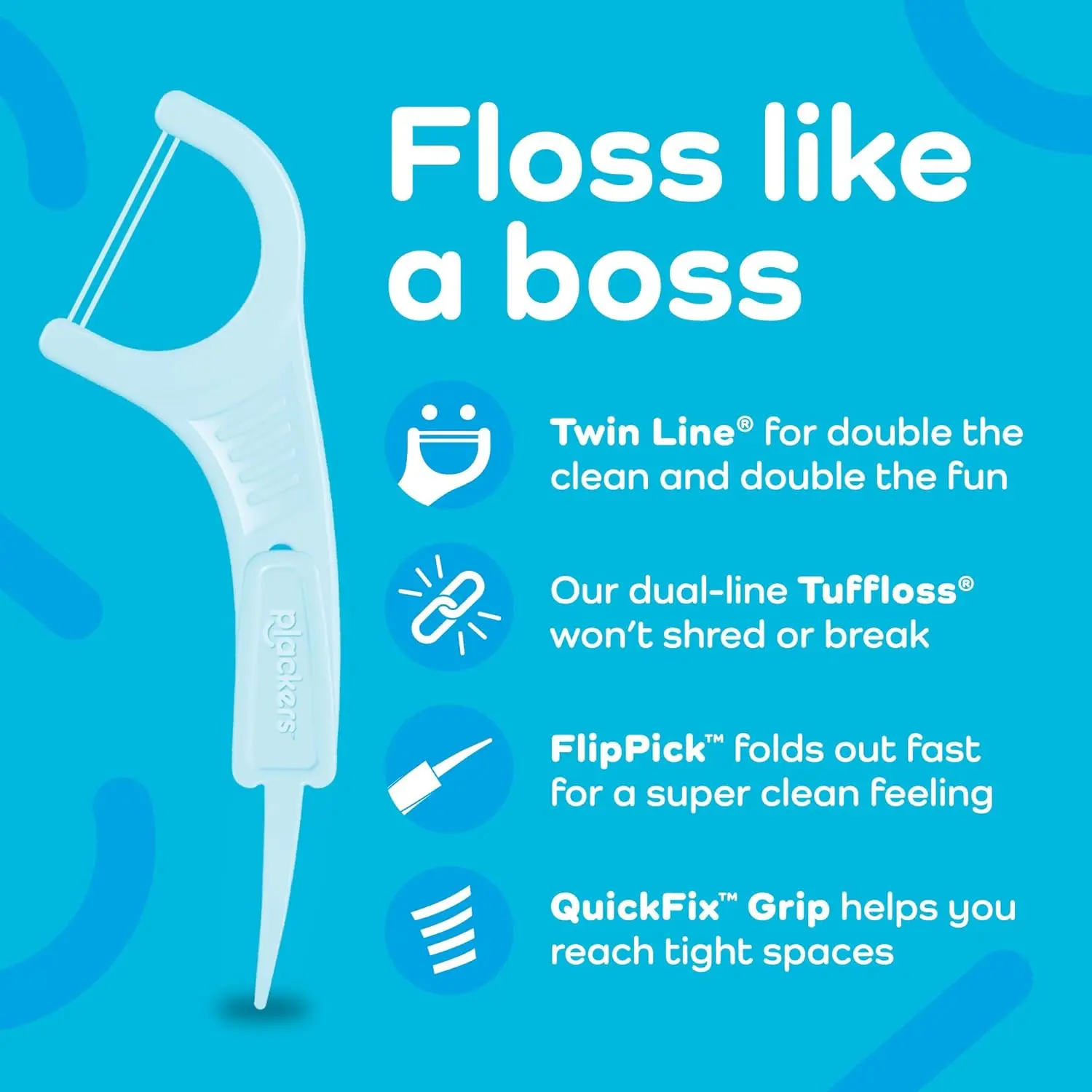 This image shows Plackers Twin-Line dental floss picks, offering a dual action flossing system for effectively removing food and plaque to promote clean teeth and healthy gums.