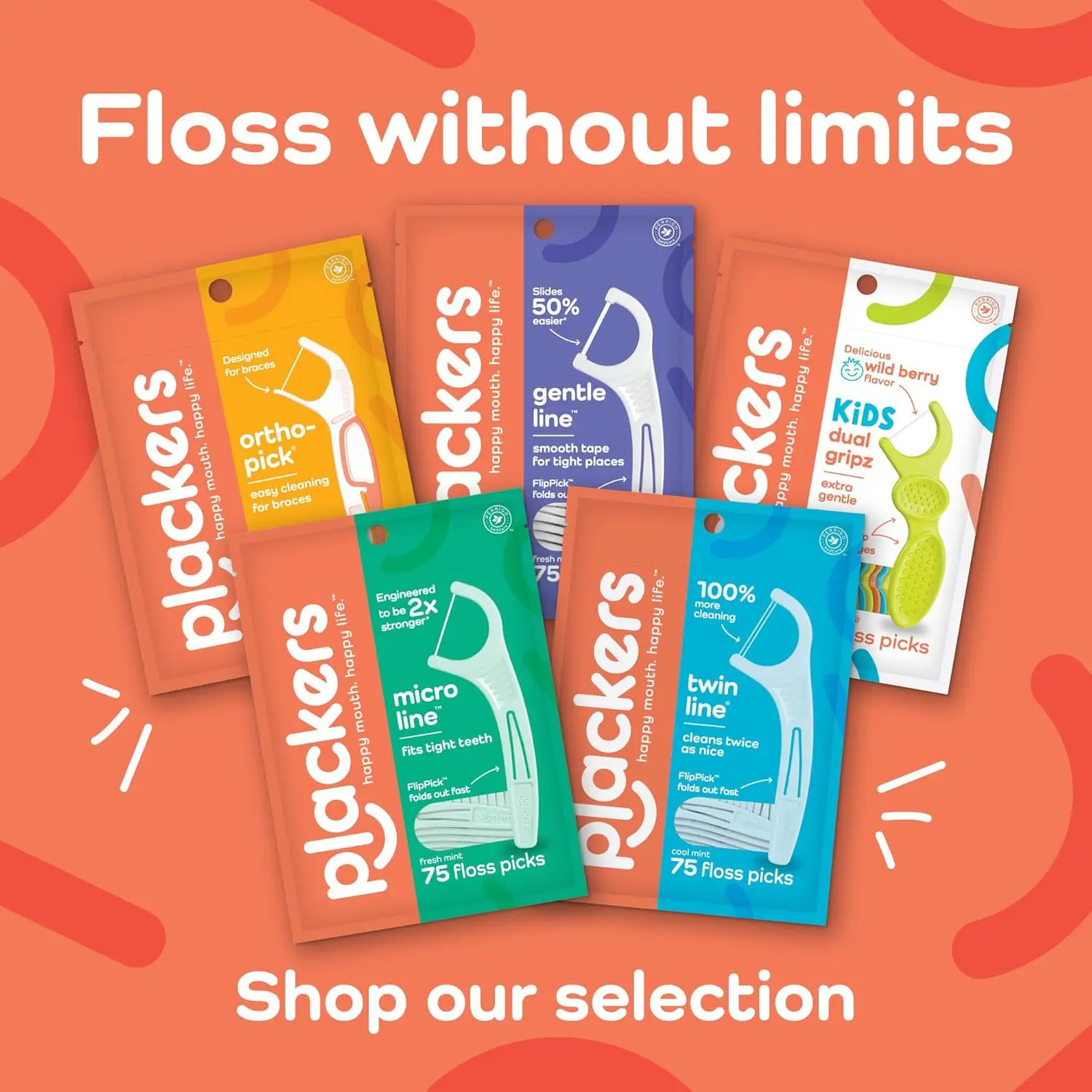 This image shows Plackers Twin-Line dental floss picks, offering a dual action flossing system for effectively removing food and plaque to promote clean teeth and healthy gums.