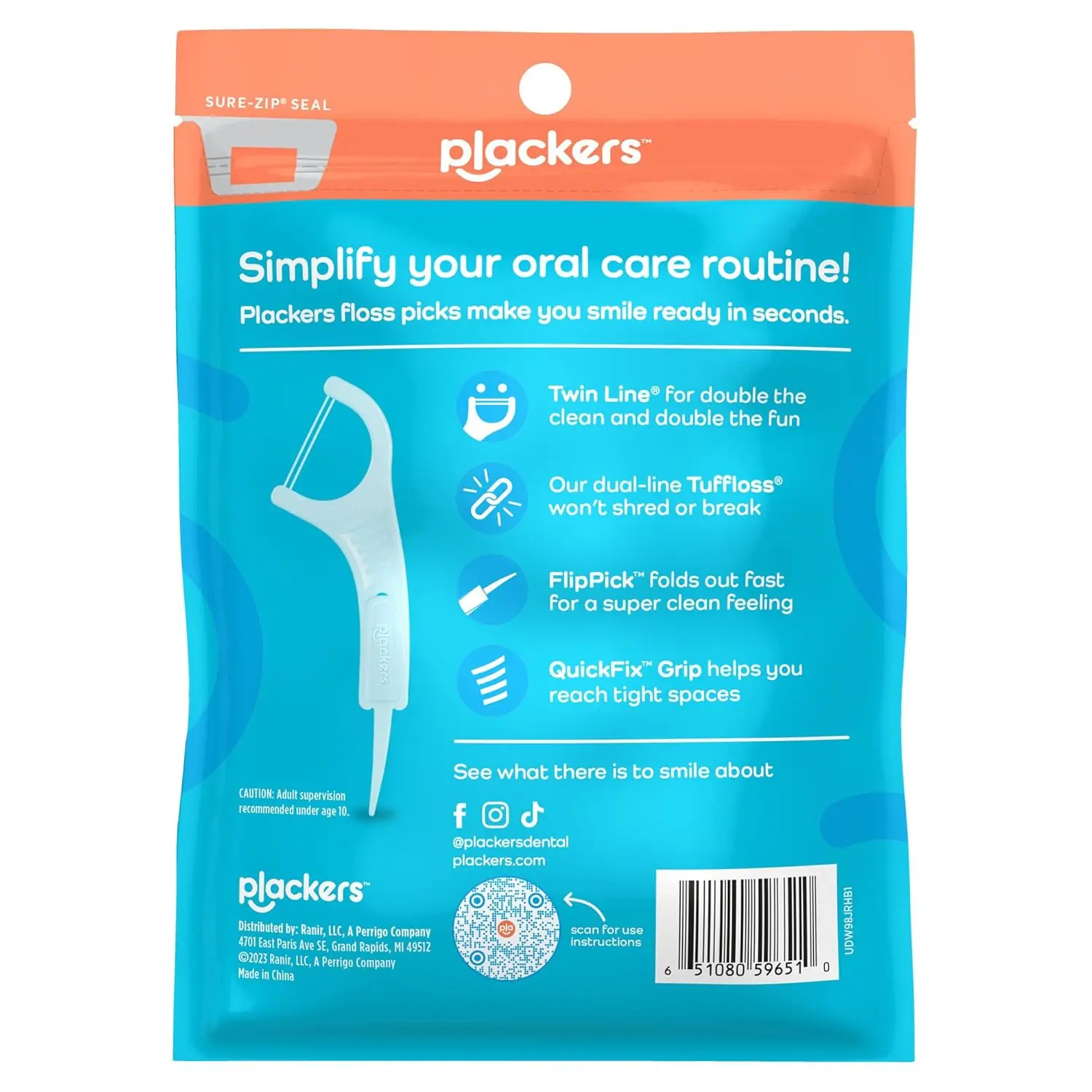 This image shows Plackers Twin-Line dental floss picks, offering a dual action flossing system for effectively removing food and plaque to promote clean teeth and healthy gums.