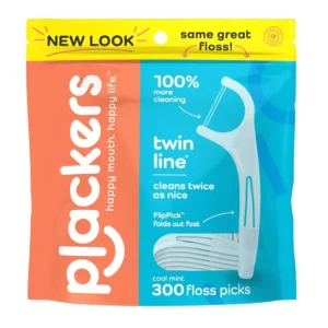 Plackers Twin-Line Dental Flossers provide a cool mint, dual-action clean with super tuffloss, easy storage, and a fold-out toothpick for on-the-go dental care.