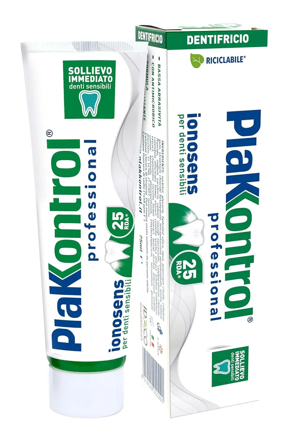 Close-up of a 100 ml bottle of PLAKKONTROL Dent ionosens, a product designed to relieve sensitive teeth.