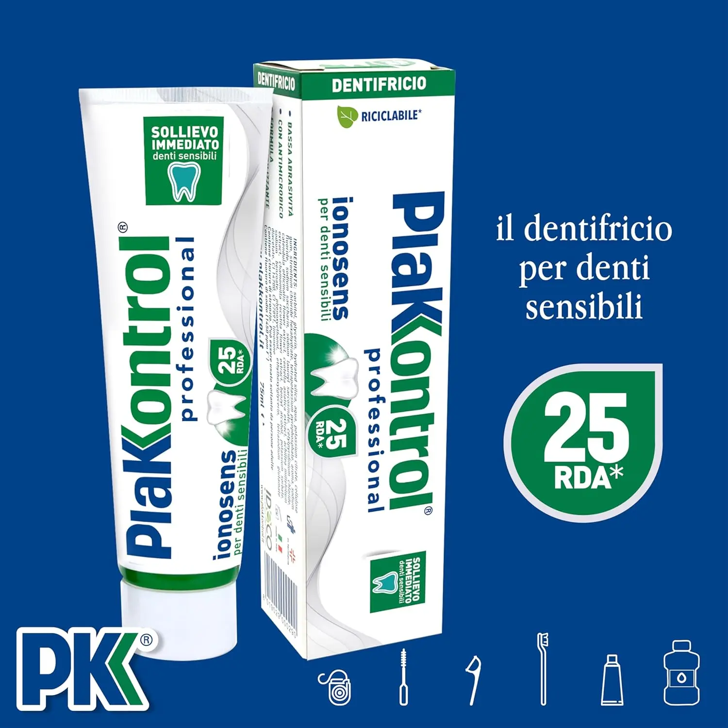 Close-up of a 100 ml bottle of PLAKKONTROL Dent ionosens, a product designed to relieve sensitive teeth.
