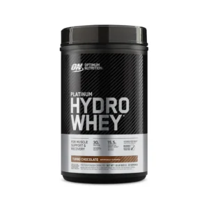Optimum Nutrition Platinum Hydrowhey protein powder in Turbo Chocolate flavor, a 100% hydrolyzed whey protein isolate for muscle support and recovery.