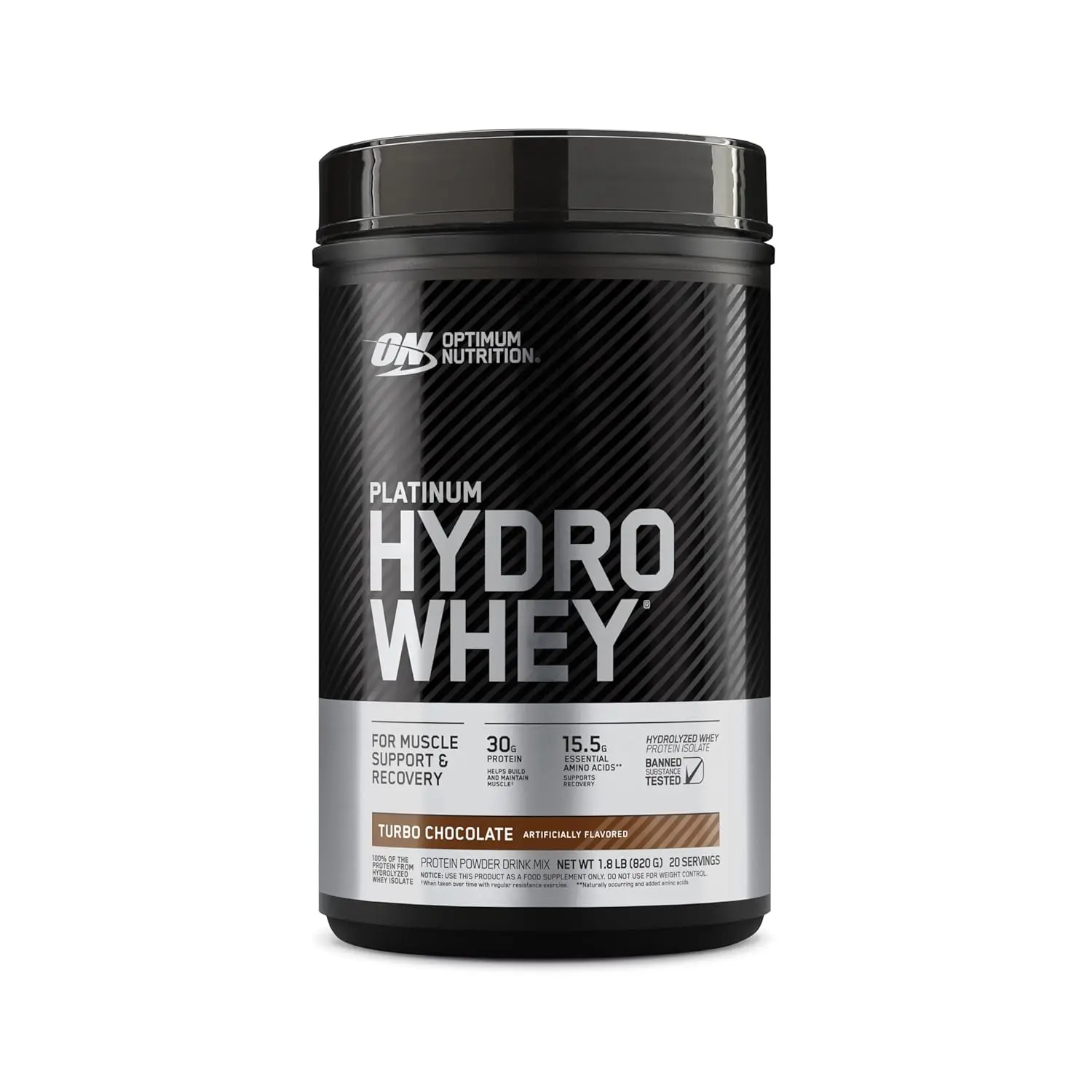 Optimum Nutrition Platinum Hydrowhey protein powder in Turbo Chocolate flavor, a 100% hydrolyzed whey protein isolate for muscle support and recovery.