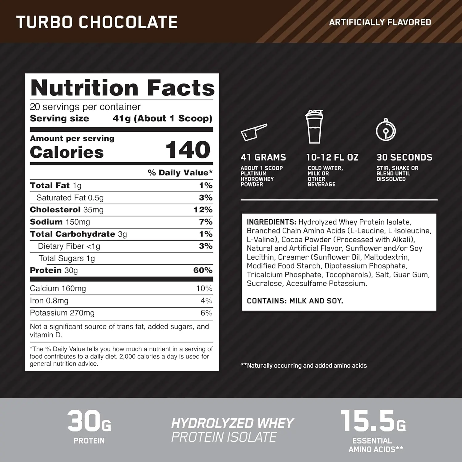 Optimum Nutrition Platinum Hydrowhey protein powder in Turbo Chocolate flavor, a 100% hydrolyzed whey protein isolate for muscle support and recovery.