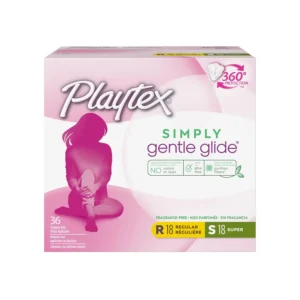 This is a 36 count pack of Playtex Simply Gentle Glide tampons with both regular and super absorbency, offering comfortable and reliable protection without fragrance.