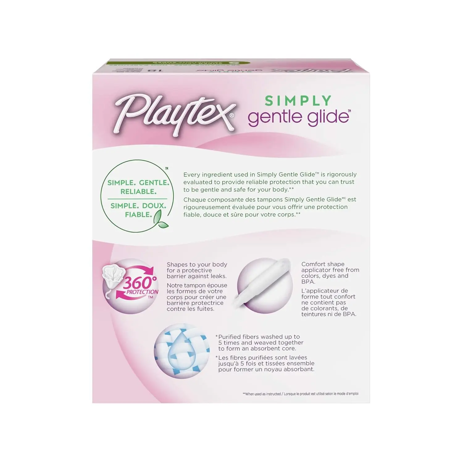 Playtex Simply Gentle Glide super plus absorbency tampons offer simple, gentle, and reliable protection with a comfort shape applicator free from colors, dyes and BPA.