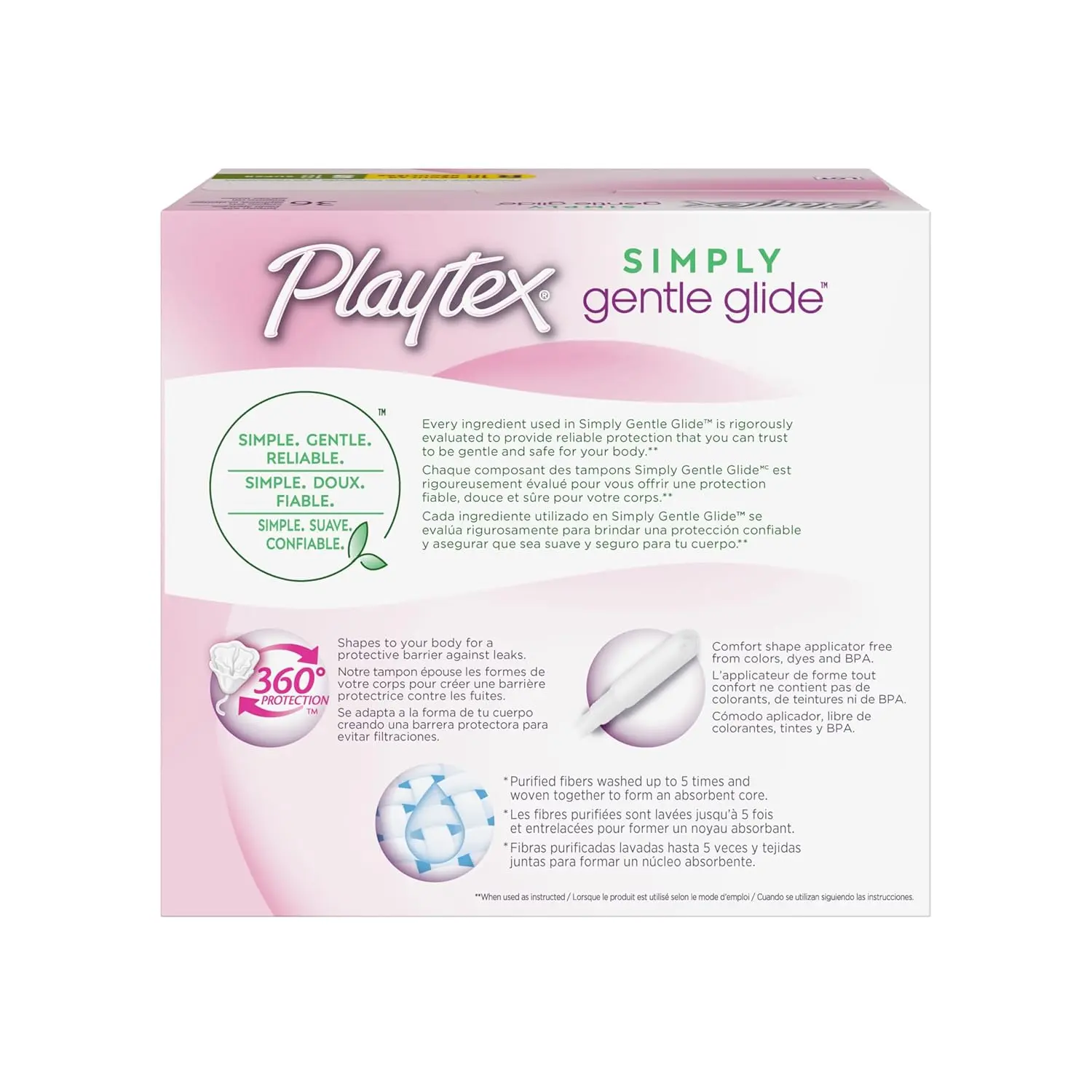 This is a 36 count pack of Playtex Simply Gentle Glide tampons with both regular and super absorbency, offering comfortable and reliable protection without fragrance.