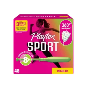 This image shows Playtex Sport Regular Absorbency tampons, featuring a tapered applicator for smooth insertion and 360° Sport Level Protection for leak-free confidence during any activity.