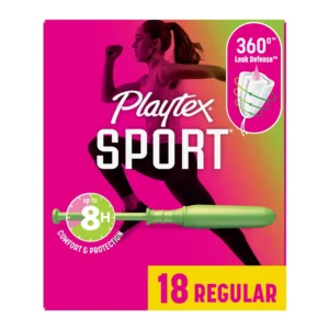 Playtex Sport regular absorbency tampons offer 360° leak defense for up to 8 hours of comfortable protection during athletic activities, featuring a tapered applicator for easy insertion and are HSA/FSA eligible.