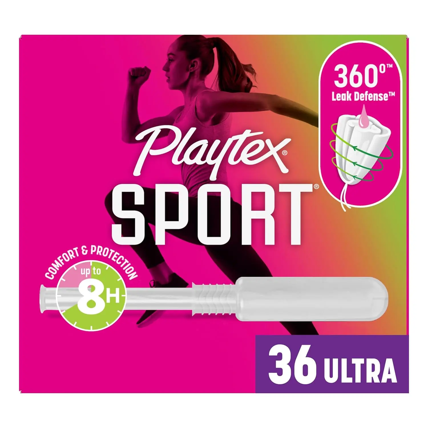 Playtex Sport ultra absorbency tampons provide 360-degree sport level protection with a FlexFit design for comfortable, leak-free protection during athletic activities.