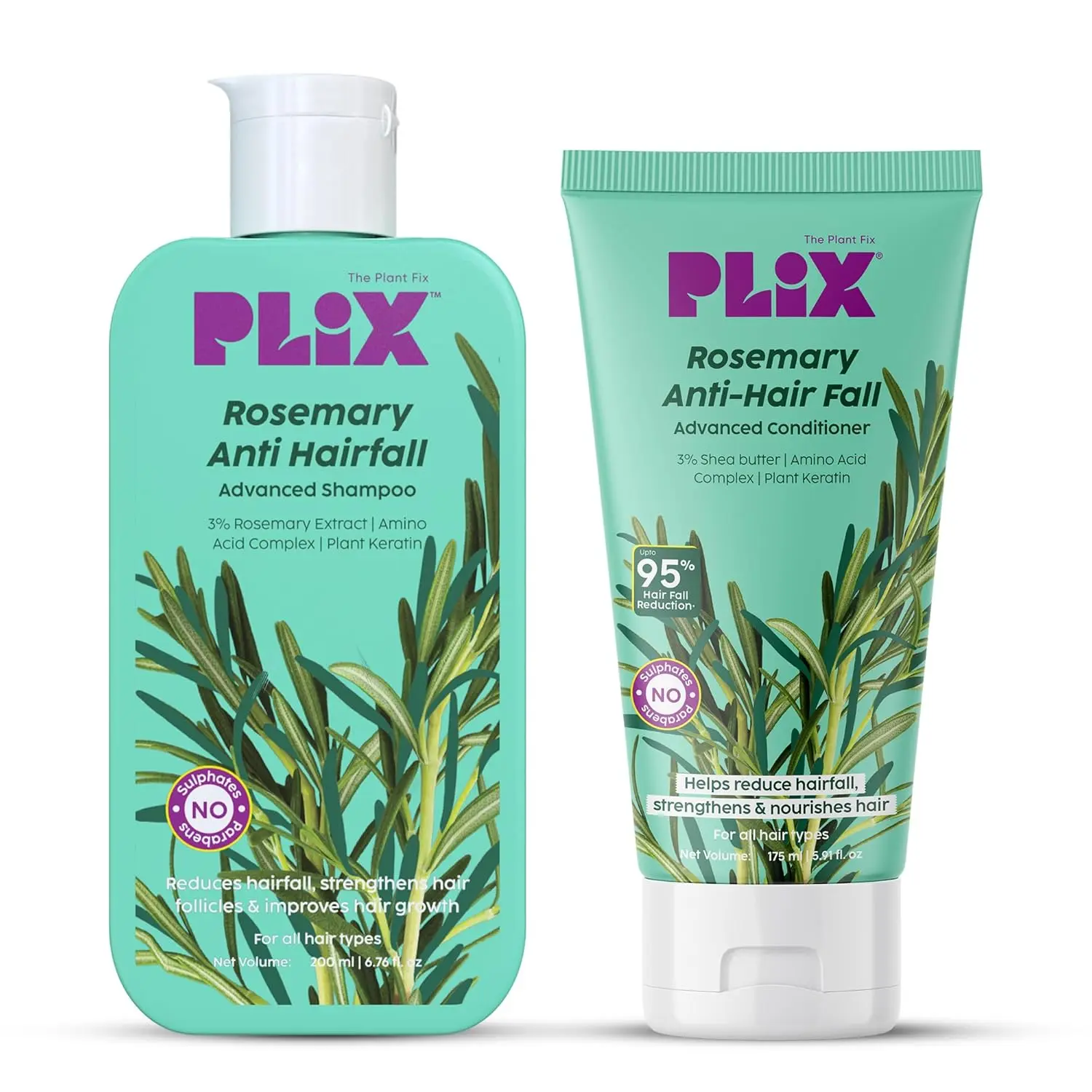 PLIX Rosemary Anti Hair Fall shampoo and conditioner reduces hair fall and strengthens hair with rosemary extract.