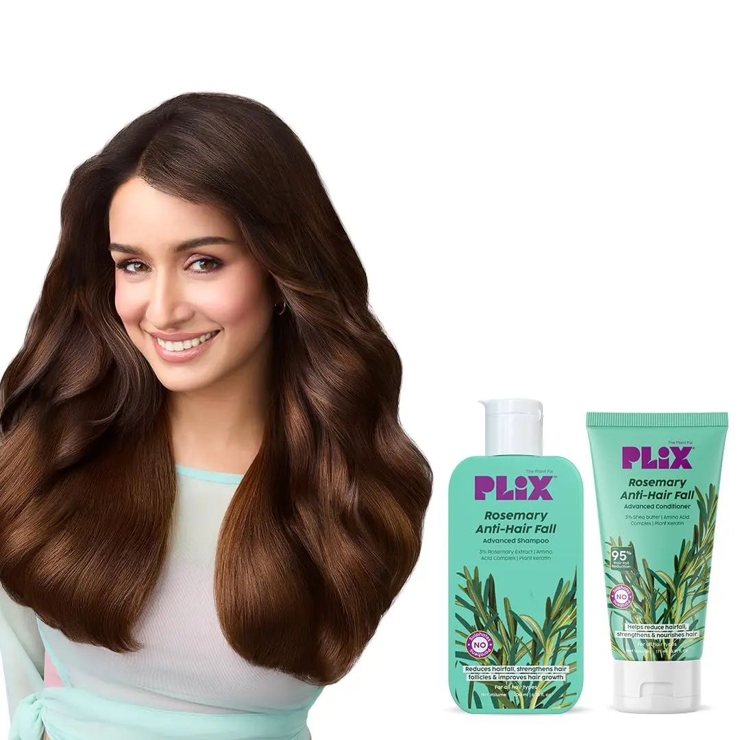 PLIX Rosemary Anti Hair Fall shampoo and conditioner reduces hair fall and strengthens hair with rosemary extract.