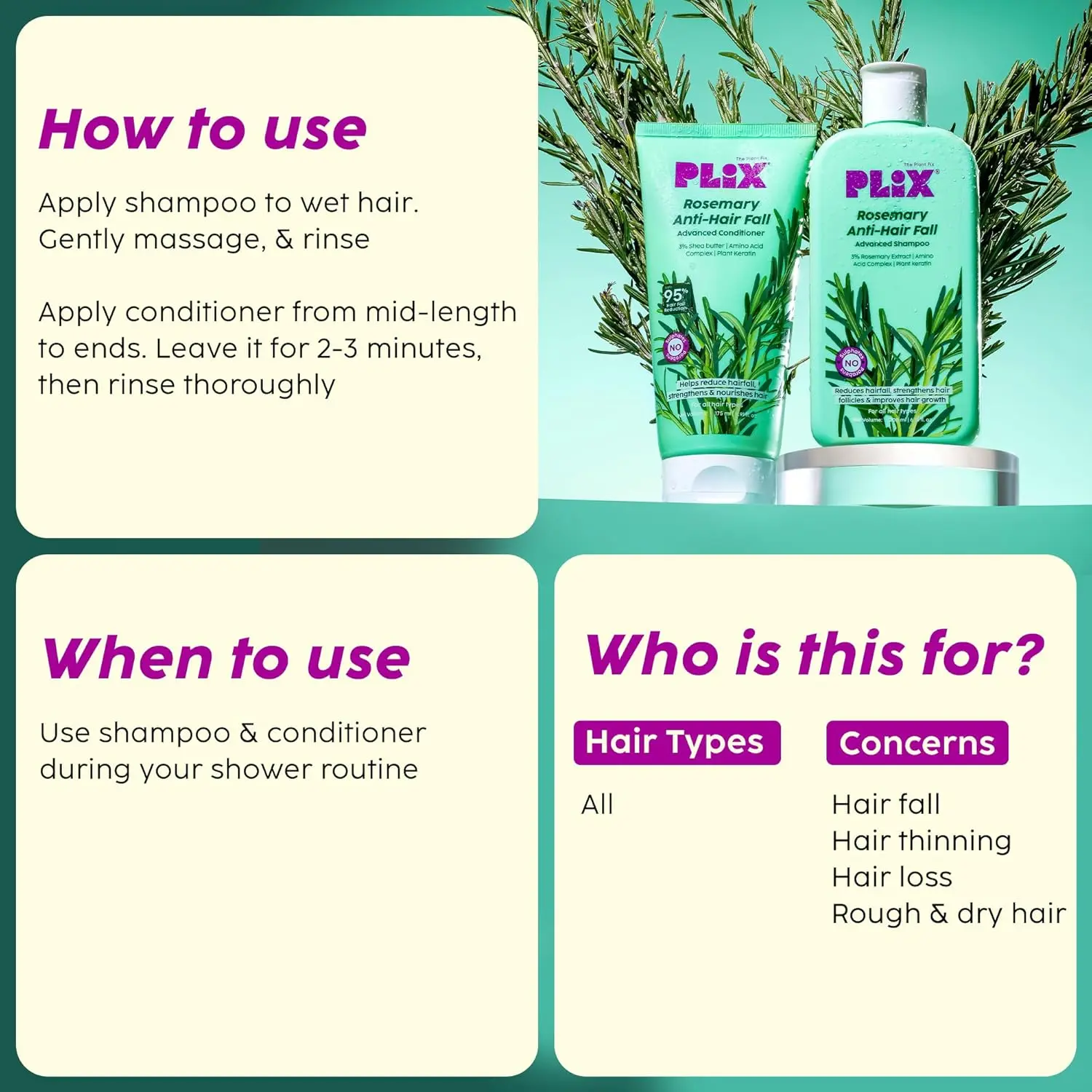 PLIX Rosemary Anti Hair Fall shampoo and conditioner reduces hair fall and strengthens hair with rosemary extract.
