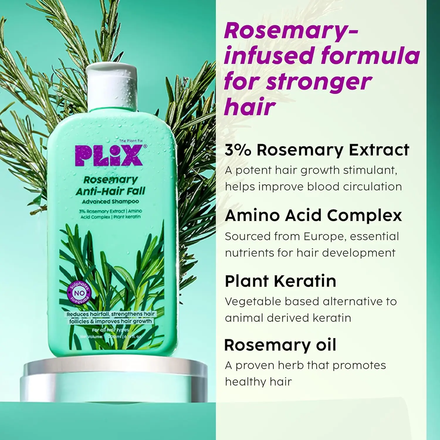 PLIX Rosemary Anti Hair Fall shampoo and conditioner reduces hair fall and strengthens hair with rosemary extract.