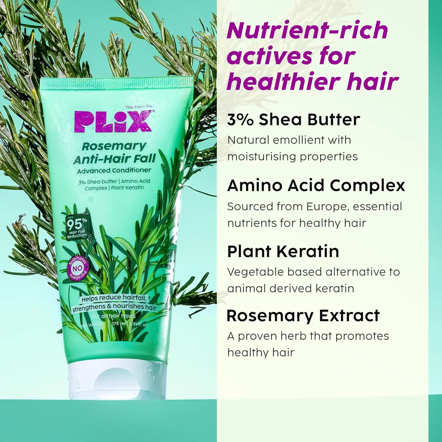 PLIX Rosemary Anti Hair Fall shampoo and conditioner reduces hair fall and strengthens hair with rosemary extract.