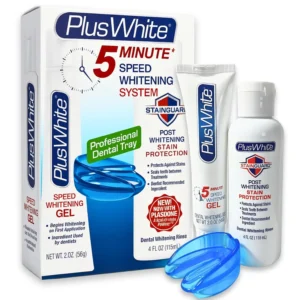 The Plus White 5 Minute Teeth Whitening Kit includes a whitening gel, mouth tray, and StainGuard rinse for a quick and effective at-home whitening treatment.