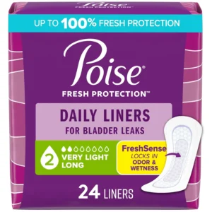 A package of 24 Poise incontinence liners for light absorbency and bladder leak protection, designed for dryness and odor control.