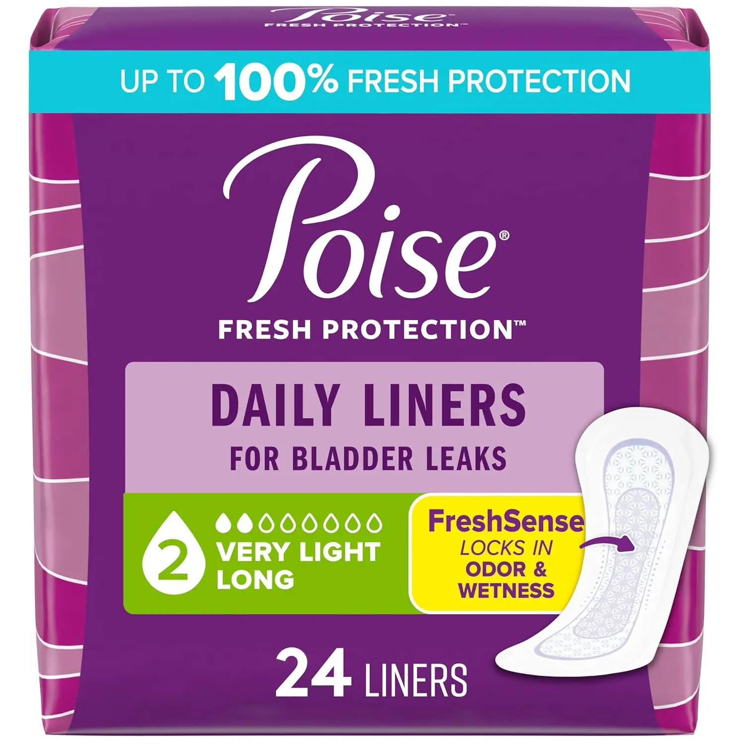 A package of 24 Poise incontinence liners for light absorbency and bladder leak protection, designed for dryness and odor control.
