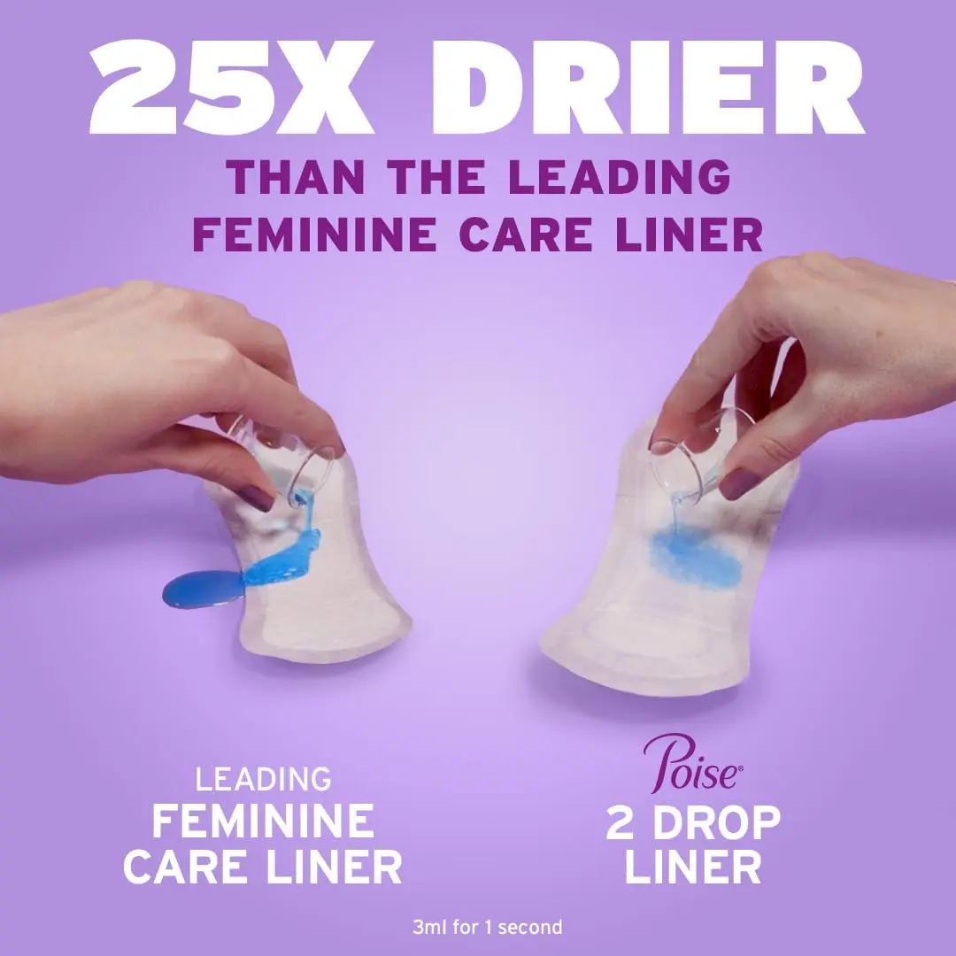 A package of 24 Poise incontinence liners for light absorbency and bladder leak protection, designed for dryness and odor control.