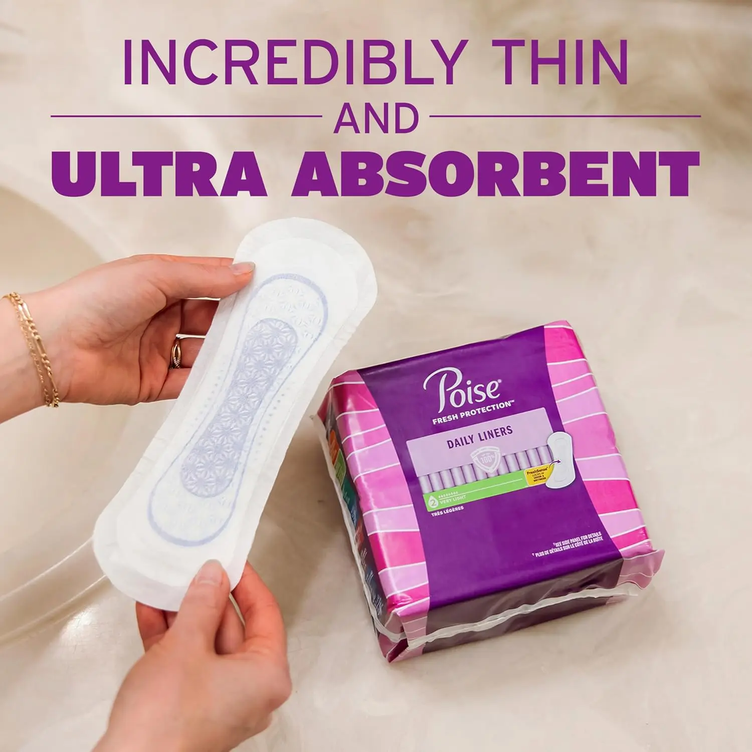 A package of 24 Poise incontinence liners for light absorbency and bladder leak protection, designed for dryness and odor control.