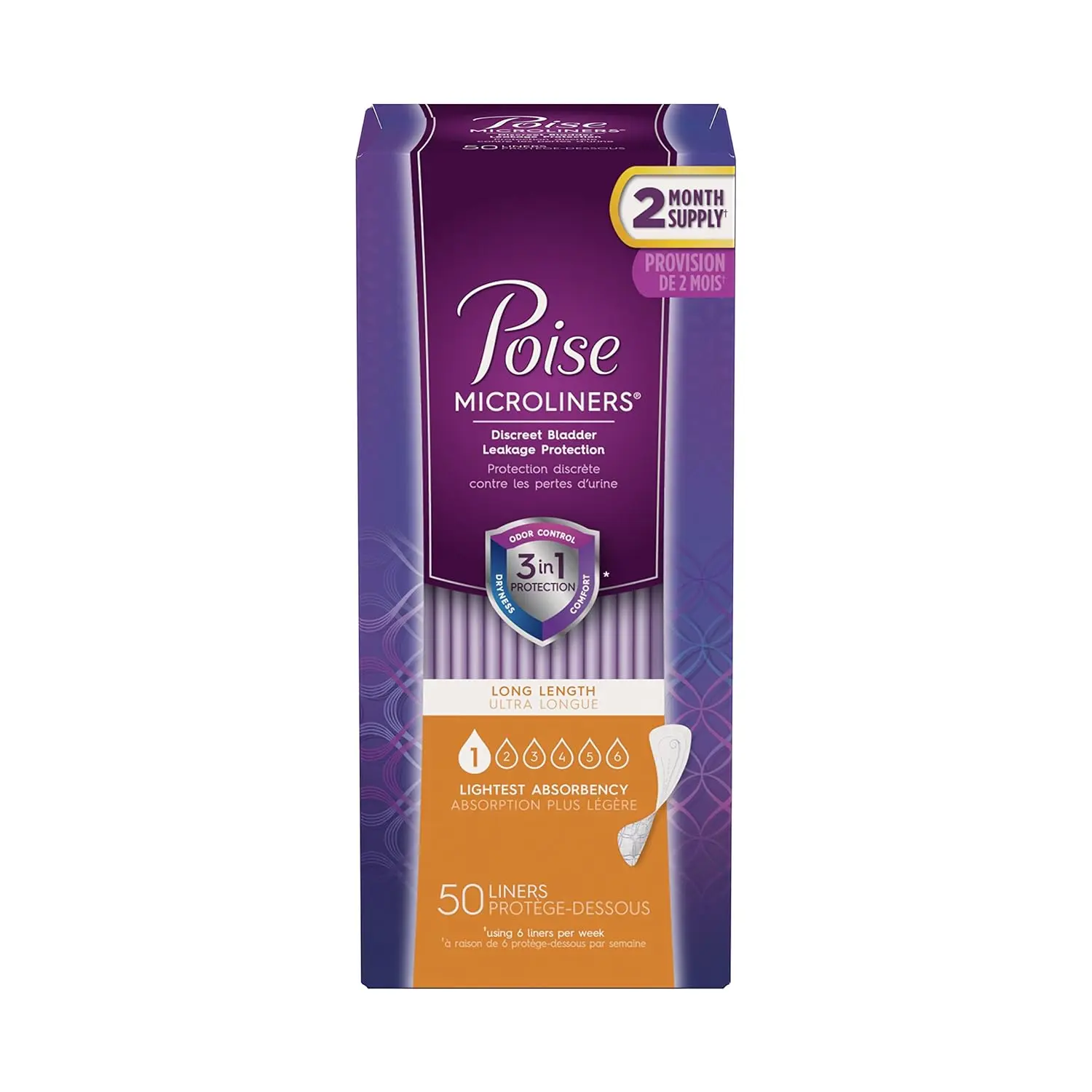 Package of Poise Microliners in long length with the lightest absorbency for light bladder leakage protection.