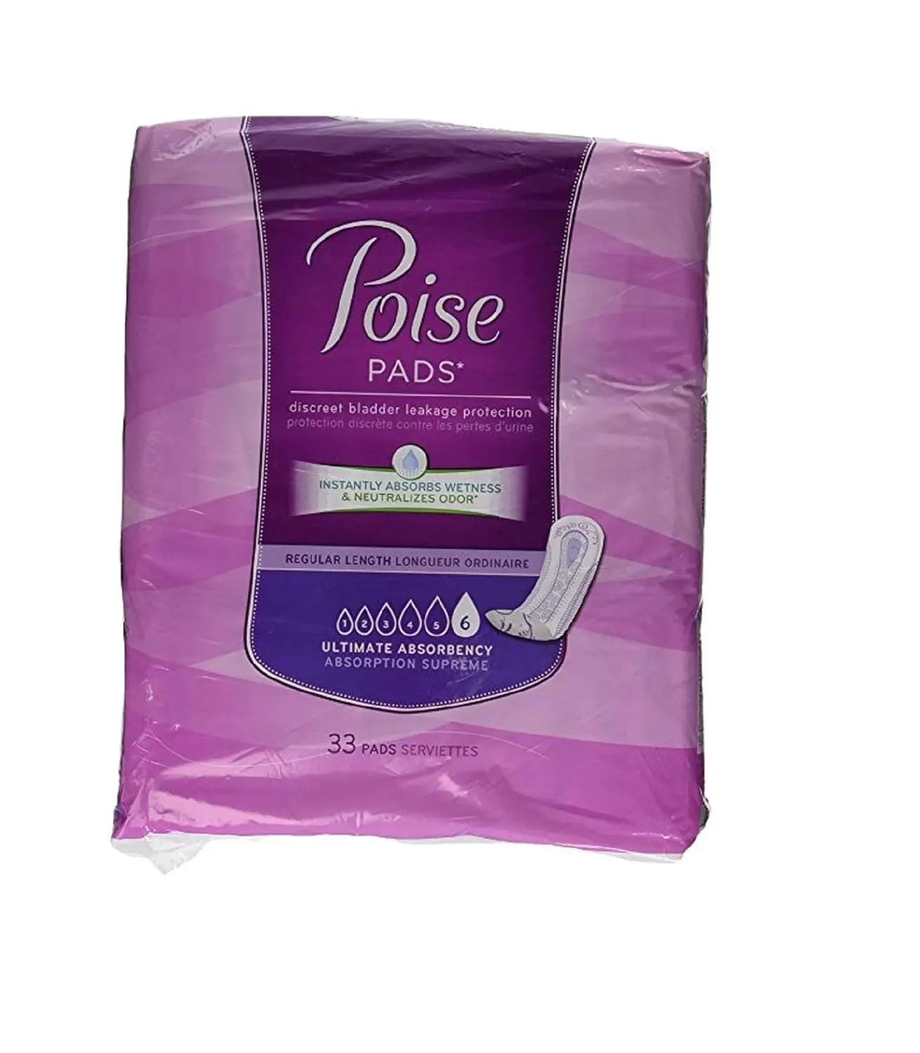 This image shows a pack of Poise Pads, regular length with ultimate absorbency, containing 33 pads.