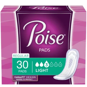A package of Poise ultra thin incontinence pads with light absorbency, designed for dryness, comfort, odor control, and superior bladder leakage protection for women.