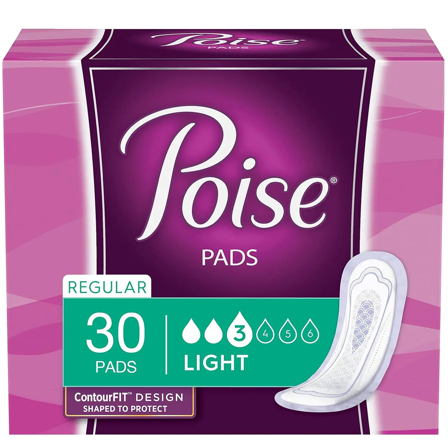 A package of Poise ultra thin incontinence pads with light absorbency, designed for dryness, comfort, odor control, and superior bladder leakage protection for women.