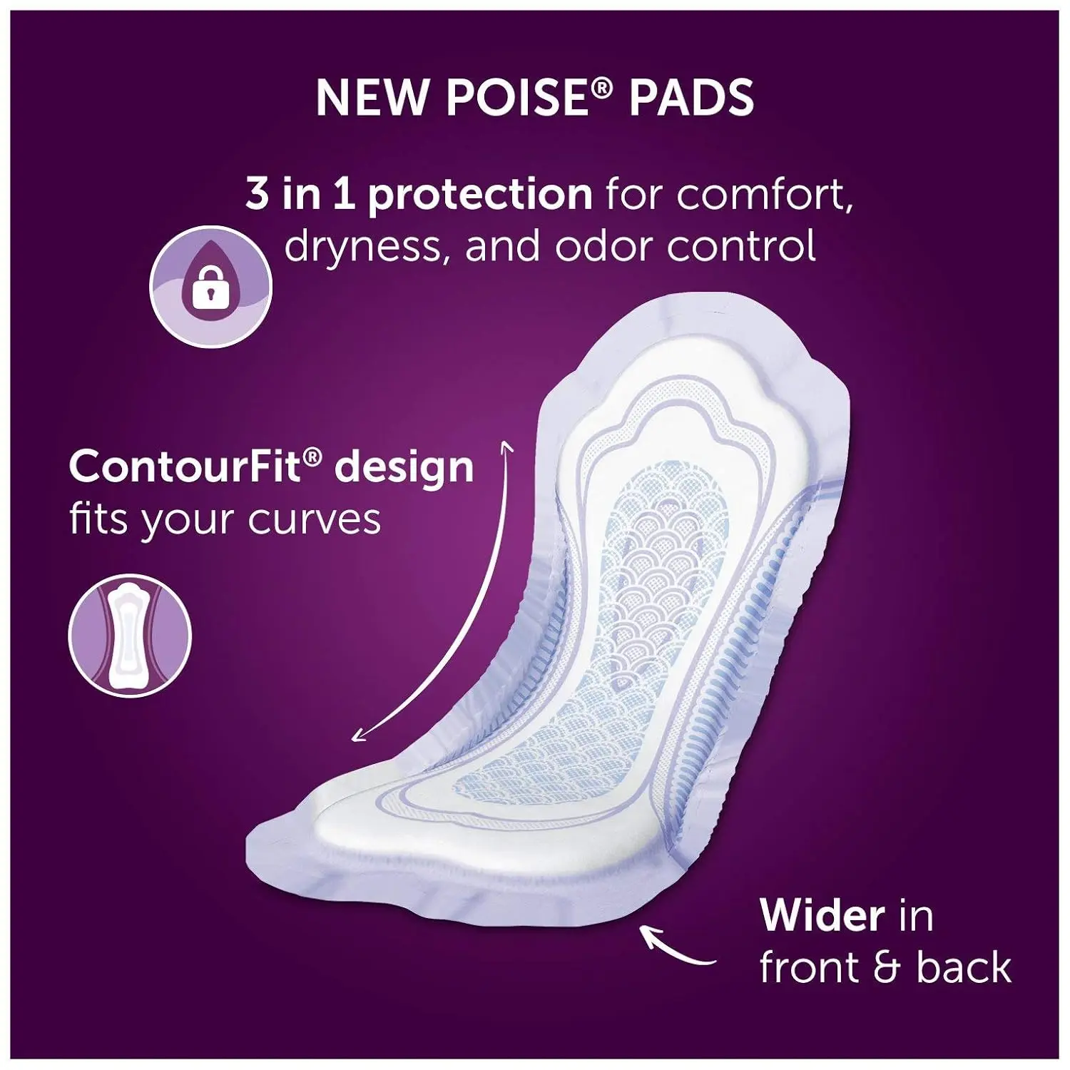 A package of Poise ultra thin incontinence pads with light absorbency, designed for dryness, comfort, odor control, and superior bladder leakage protection for women.