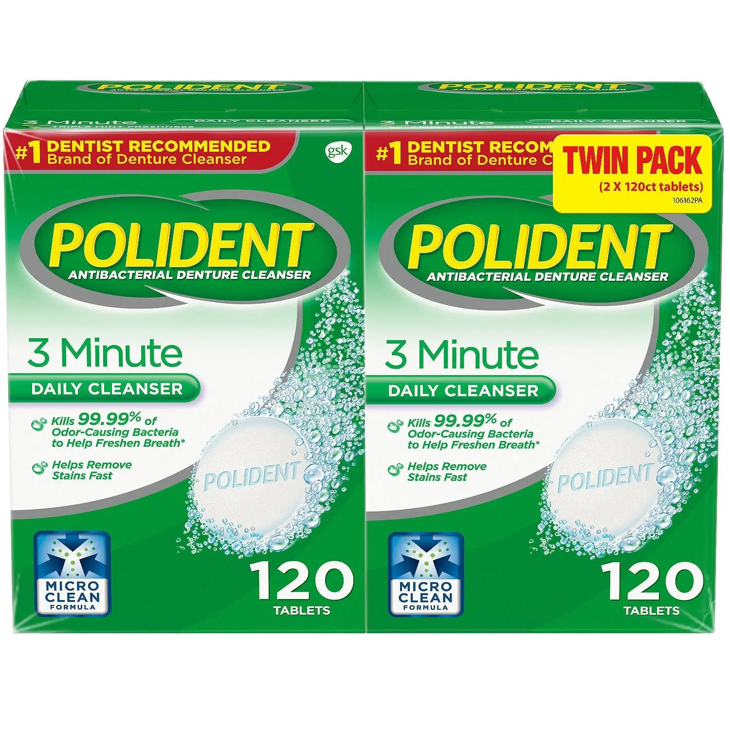 Two boxes of Polident 3 Minute Antibacterial Denture Cleanser tablets, 120 count each.