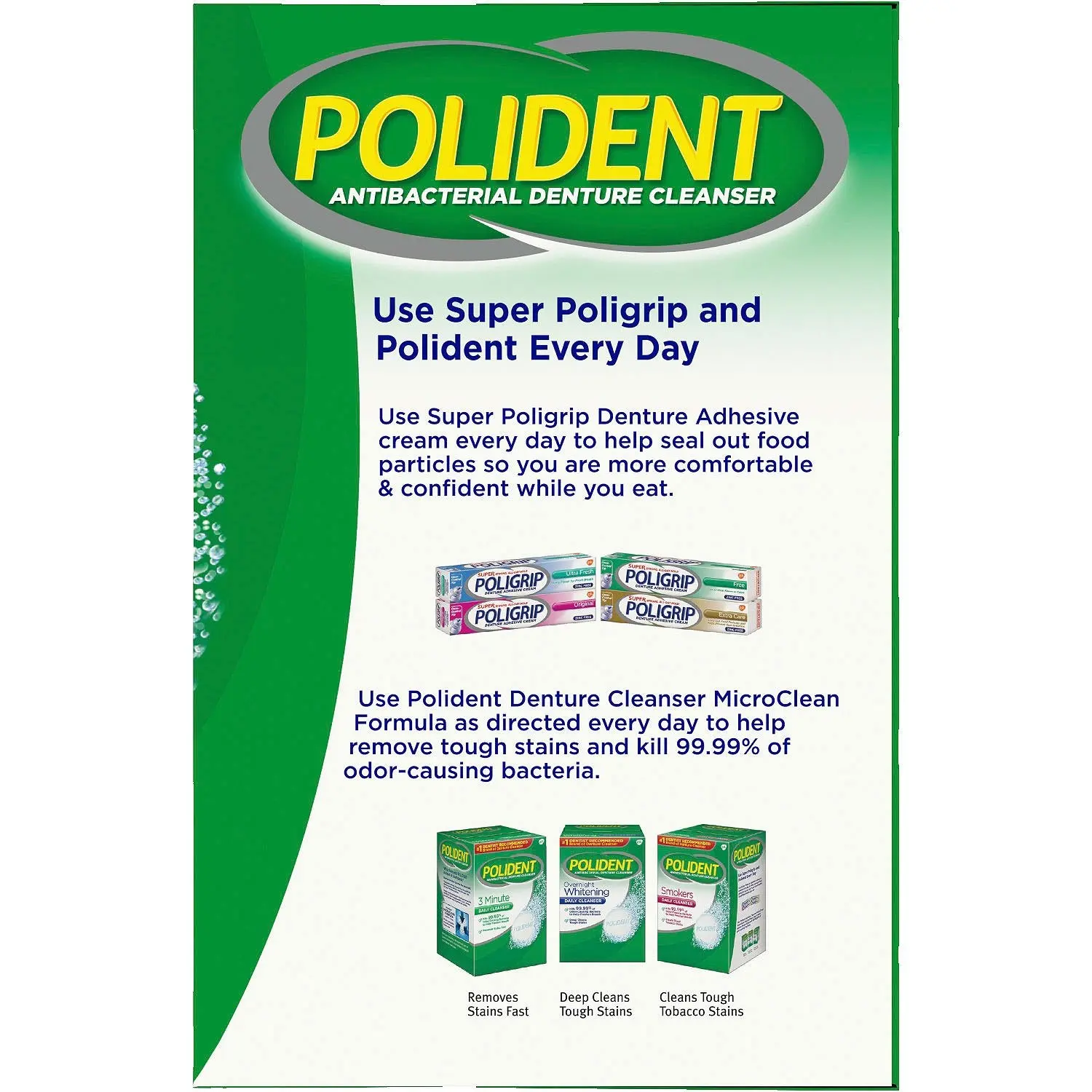 Two boxes of Polident 3 Minute Antibacterial Denture Cleanser tablets, 120 count each.