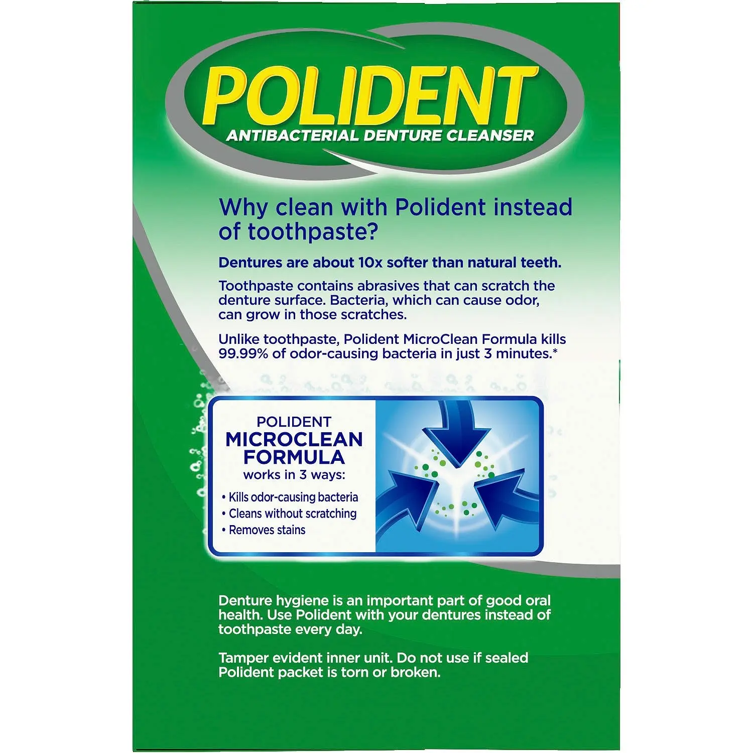 Two boxes of Polident 3 Minute Antibacterial Denture Cleanser tablets, 120 count each.