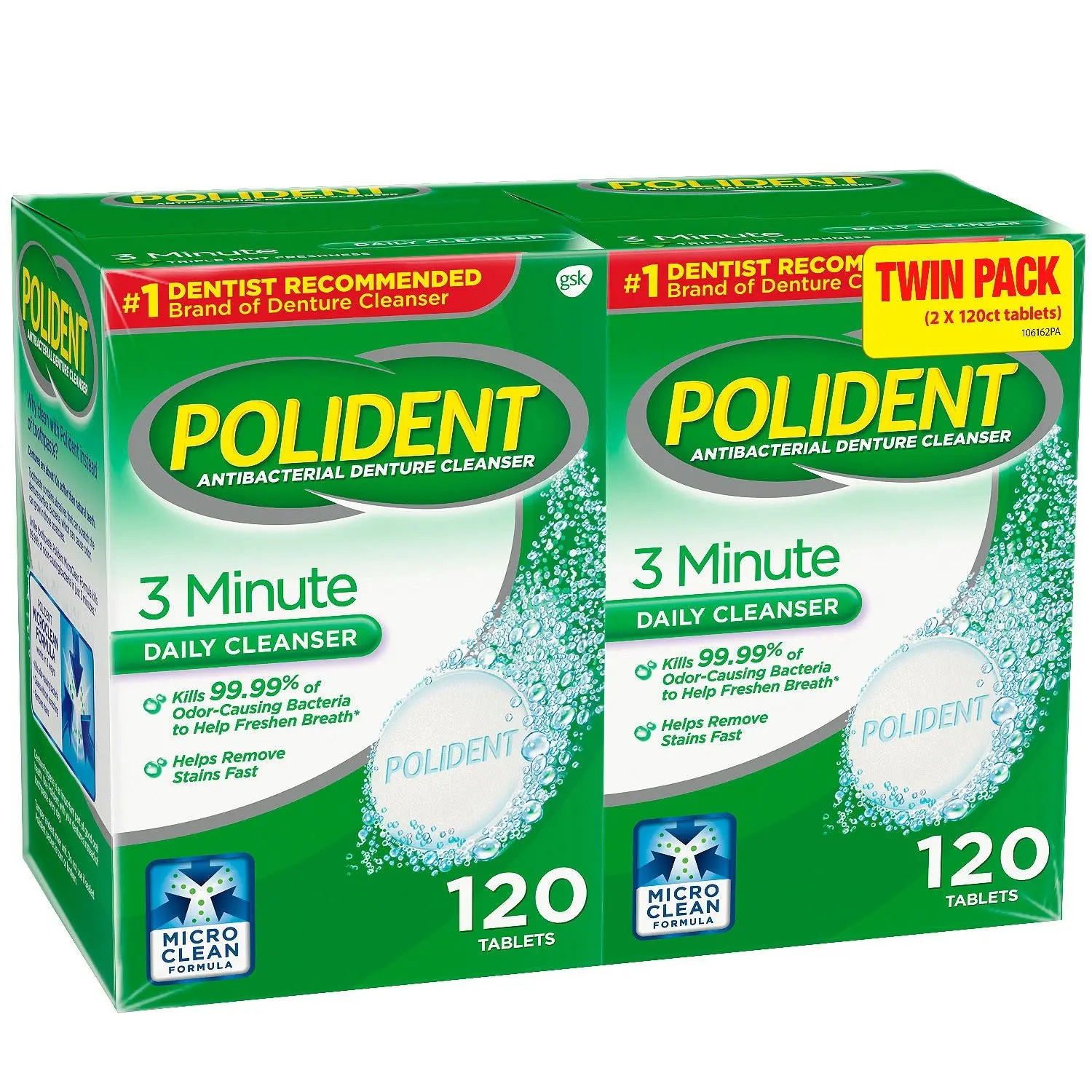 Two boxes of Polident 3 Minute Antibacterial Denture Cleanser tablets, 120 count each.