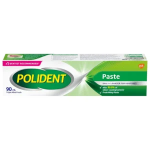 A tube of Polident Triple Mint Fresh denture cleanser paste, designed for daily cleaning and a fresh feeling.