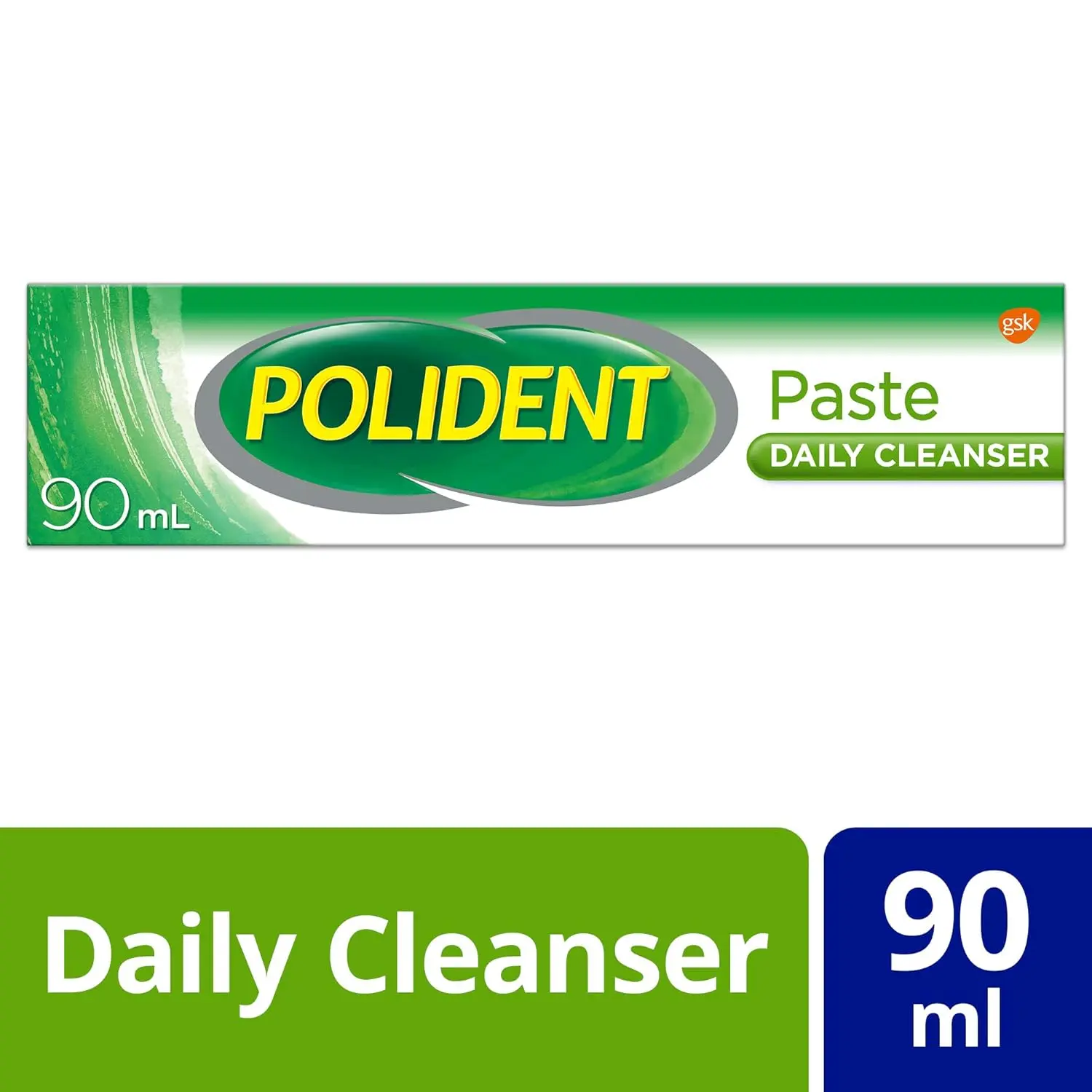 A tube of Polident Triple Mint Fresh denture cleanser paste, designed for daily cleaning and a fresh feeling.