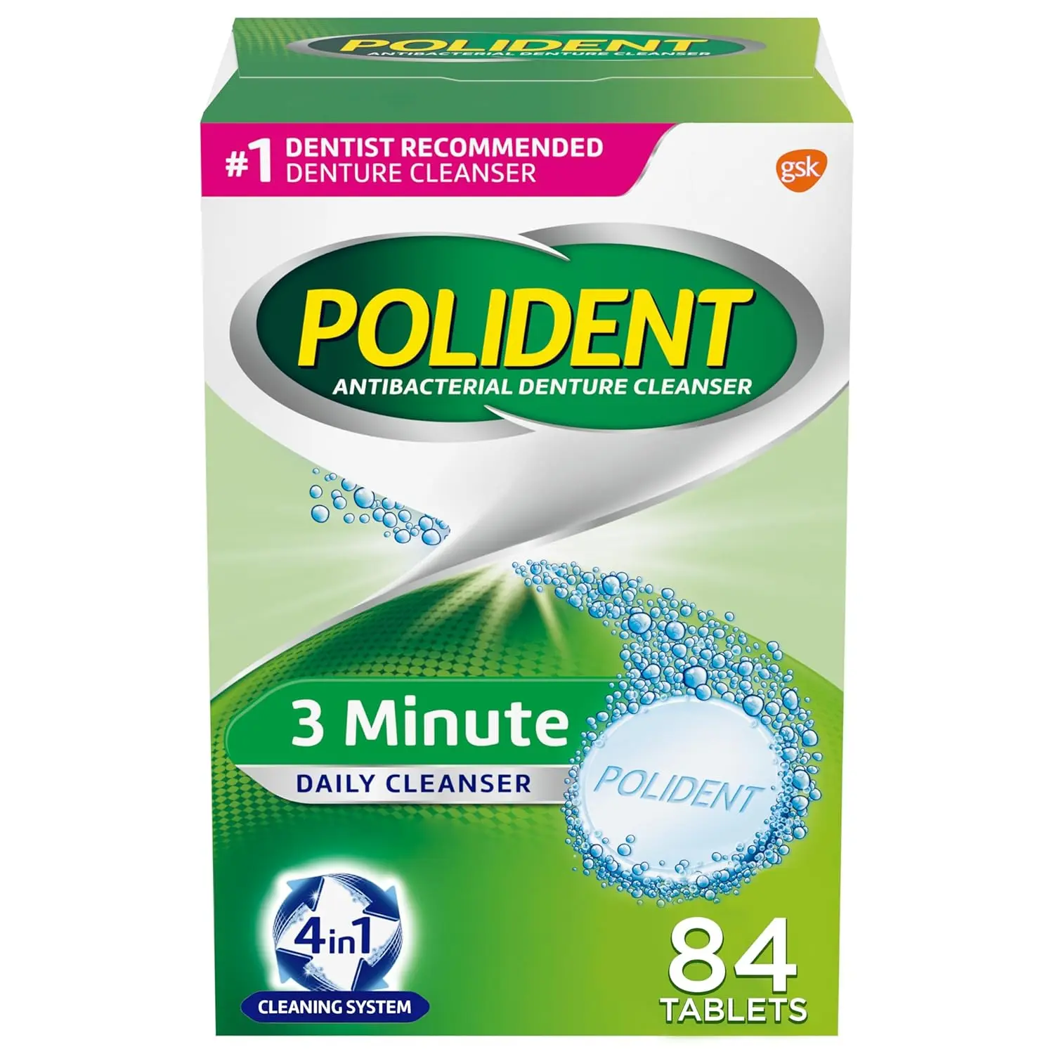 Polident triple mint antibacterial denture cleanser tablets quickly dissolve to clean retainers, dentures, mouth guards, sport guards, and night guards, removing stains, plaque, and killing odor-causing bacteria.