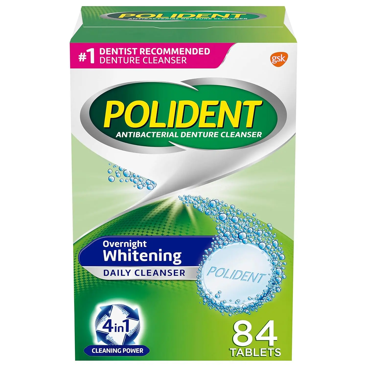 An 84-count box of Polident denture cleansing tablets that kill 99.99% of odor-causing bacteria in 3 minutes and help reduce plaque buildup for cleaner, fresher dentures.