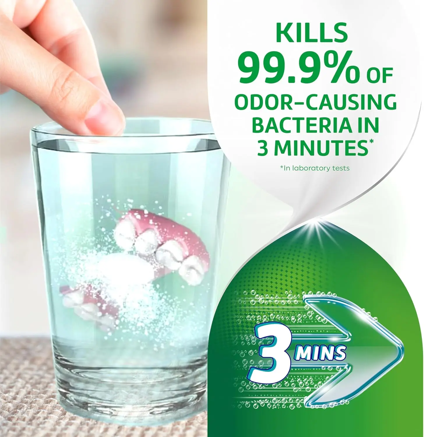 Polident triple mint antibacterial denture cleanser tablets quickly dissolve to clean retainers, dentures, mouth guards, sport guards, and night guards, removing stains, plaque, and killing odor-causing bacteria.