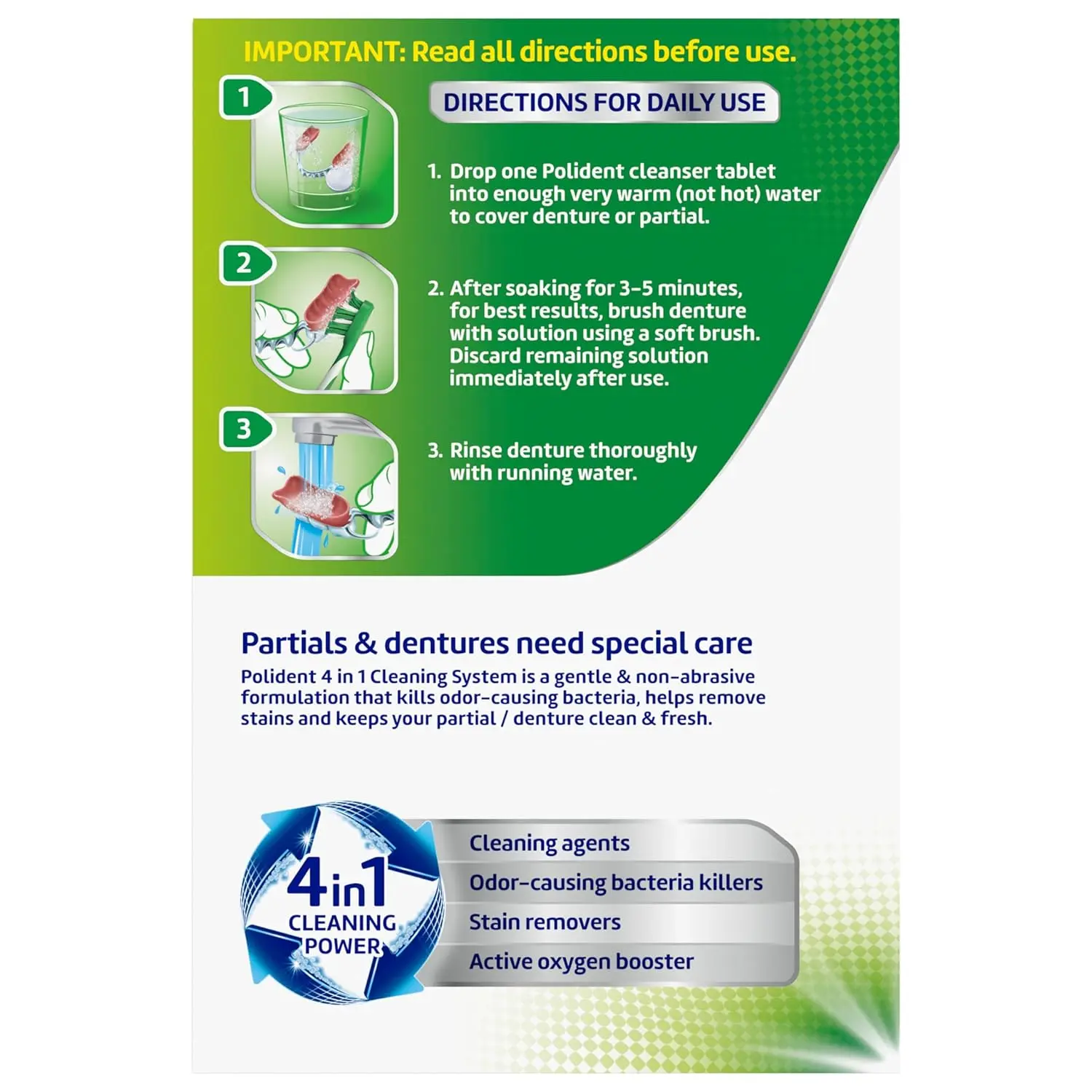 Polident triple mint antibacterial denture cleanser tablets quickly dissolve to clean retainers, dentures, mouth guards, sport guards, and night guards, removing stains, plaque, and killing odor-causing bacteria.
