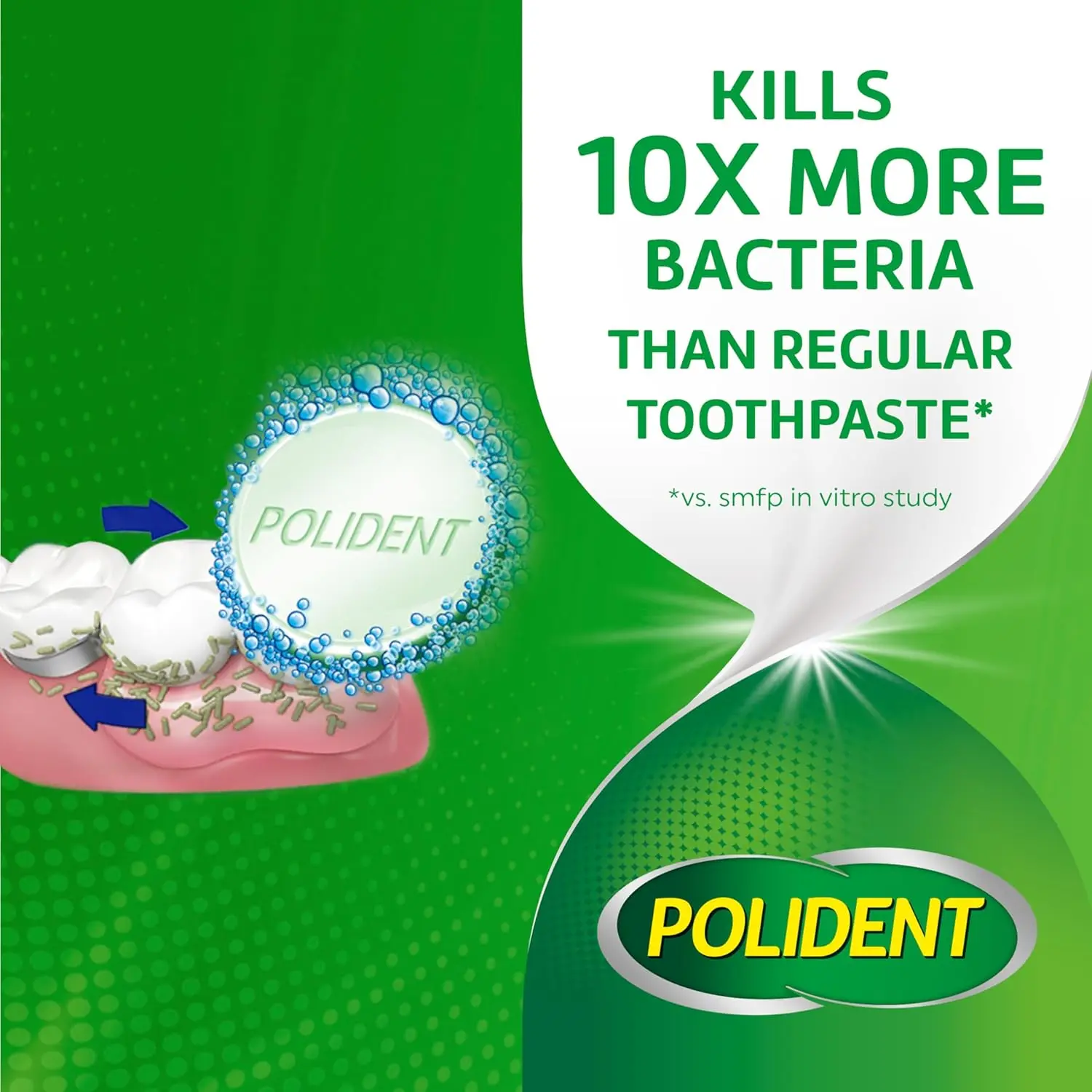 Polident triple mint antibacterial denture cleanser tablets quickly dissolve to clean retainers, dentures, mouth guards, sport guards, and night guards, removing stains, plaque, and killing odor-causing bacteria.