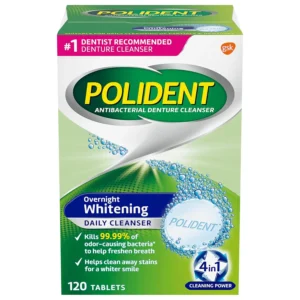 A 120-count box of Polident Overnight Whitening Denture Cleanser Tablets helps remove tough stains, protect whiteness, and kill odor-causing bacteria on dentures and retainers.
