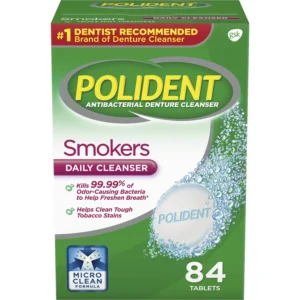 Polident Smokers Denture Cleanser tablets, with triple mint freshness, kill odor-causing bacteria and clean tough tobacco stains, shown in an 84-count box.