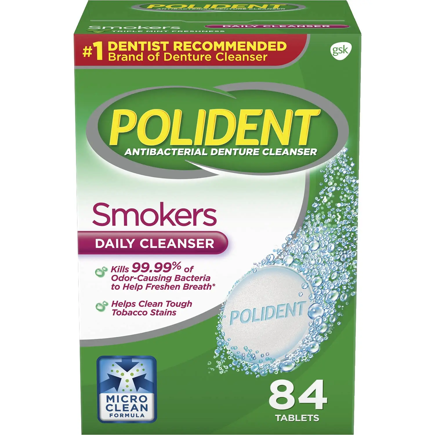 Polident Smokers Denture Cleanser tablets, with triple mint freshness, kill odor-causing bacteria and clean tough tobacco stains, shown in an 84-count box.