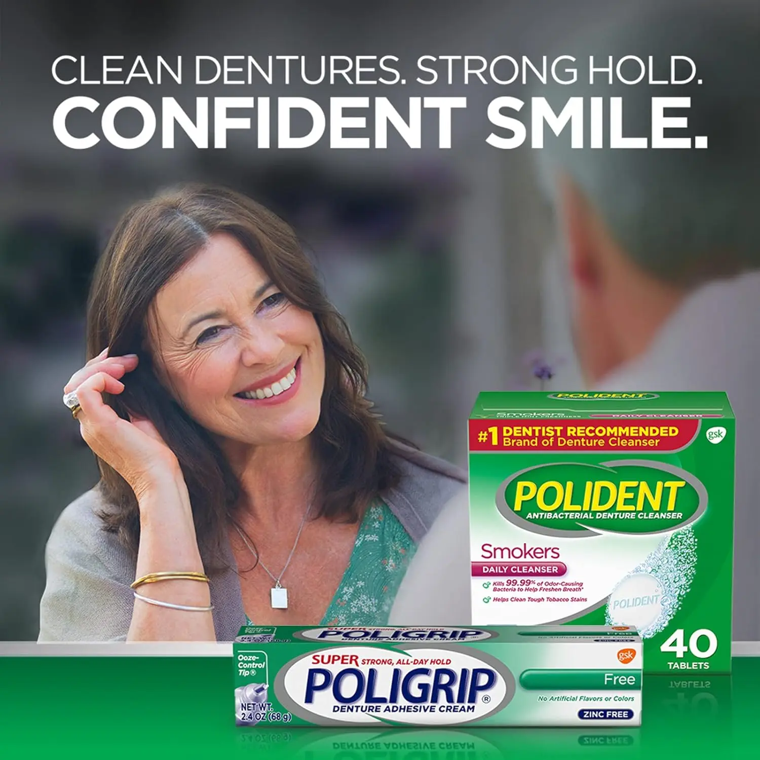 Polident Smokers Denture Cleanser tablets, with triple mint freshness, kill odor-causing bacteria and clean tough tobacco stains, shown in an 84-count box.