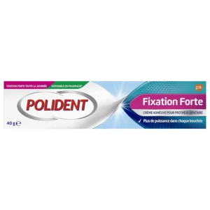 A tube of Polident Strong Hold Denture Adhesive Cream ensures a secure, all-day hold for dentures, blocking food particles and improving chewing strength for partial or complete dental prostheses.