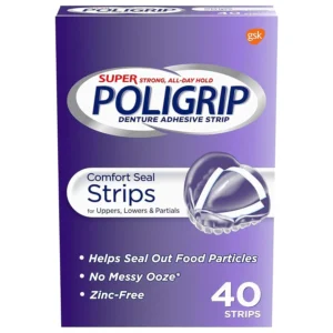 Super Poligrip Comfort Seal denture adhesive strips offer a strong 12 hour hold and help seal out food particles for all-day confidence.