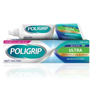 A tube of Poligrip Ultra denture fixative cream offering a strong, all-day hold with a fresh mint flavour for confident eating, speaking, and smiling.