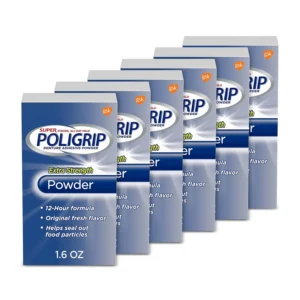 This image shows a six-pack of Poligrip Super Extra Strength Denture Adhesive Powder, a zinc-free formula that provides all-day hold and prevents food trapping for dentures and partials.